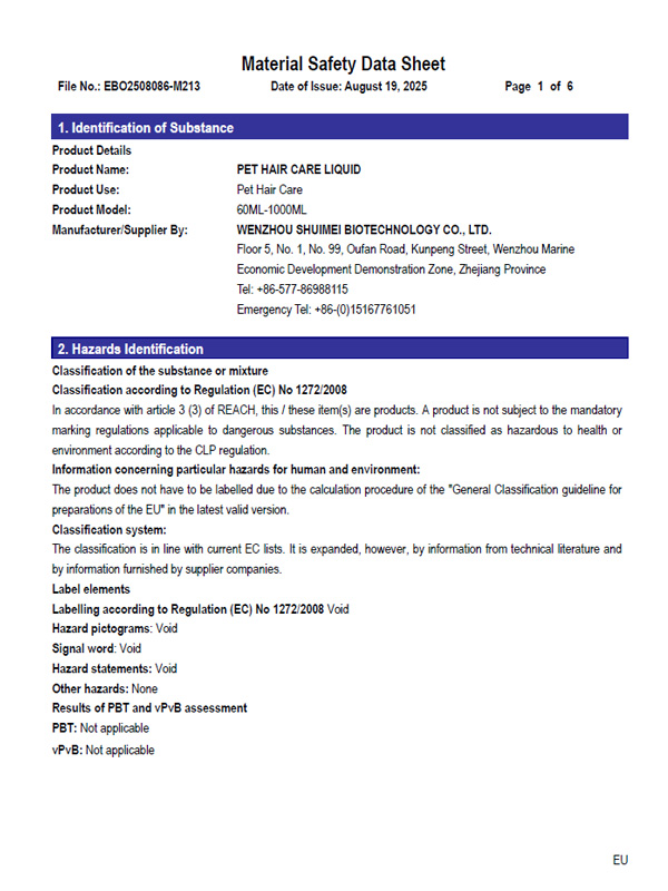 Pet hair care solution  MSDS-EU